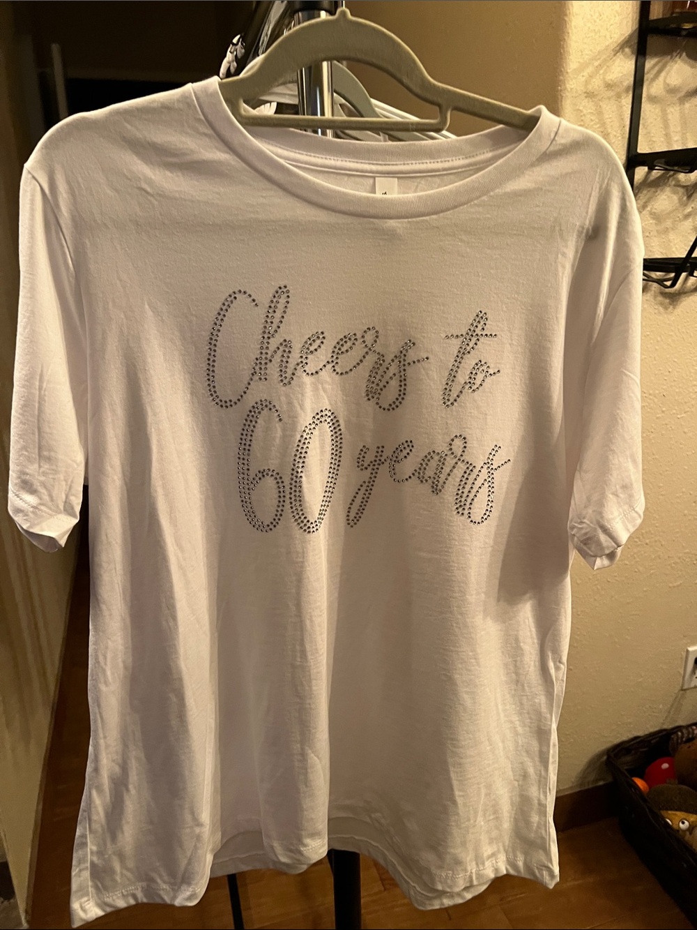Bella Canvas White Short Sleeve Tee with Silver Rhinestone 'Cheers to 60 Years'